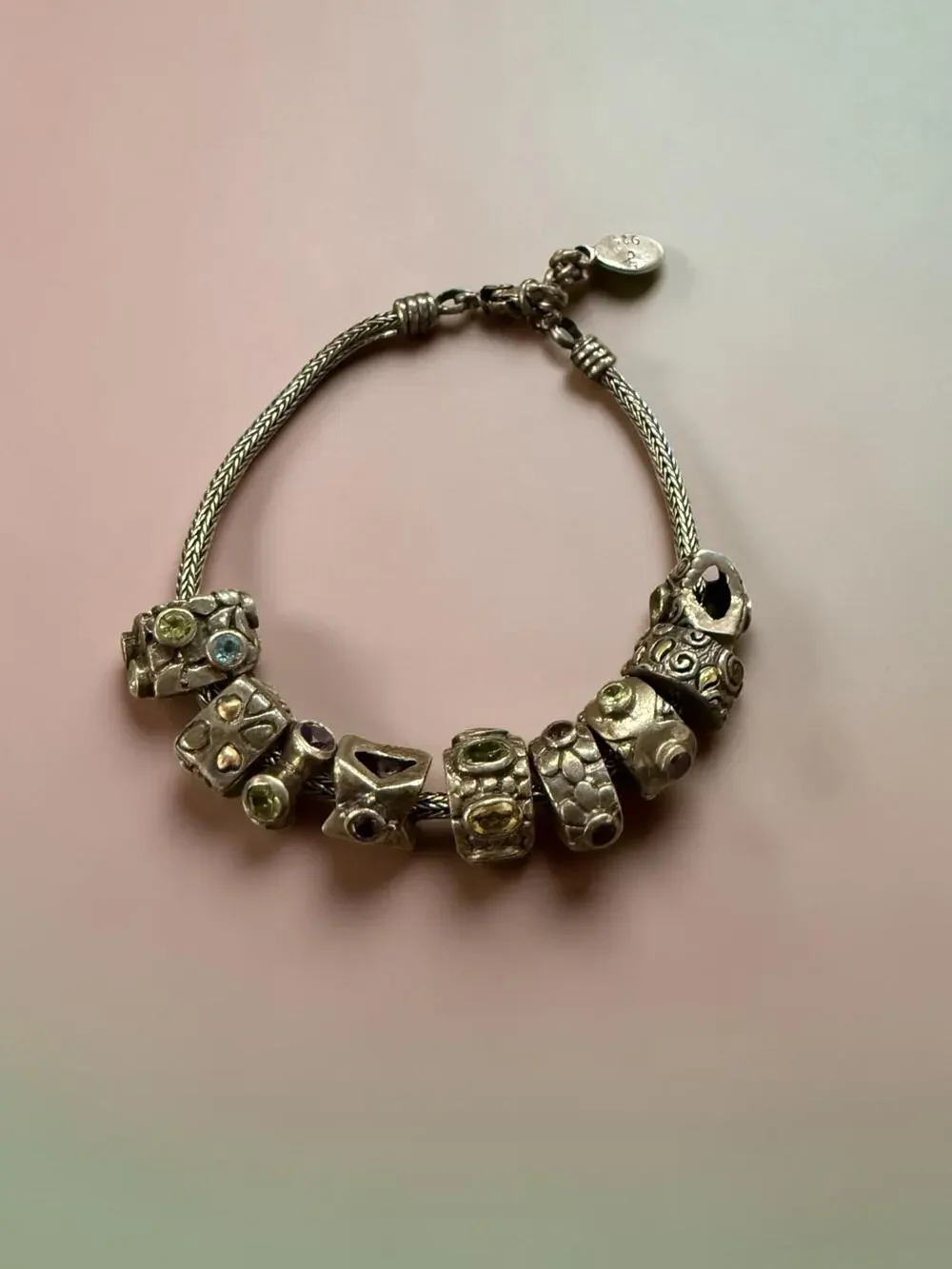 Samuel B 925 Sterling Silver Wheat Chain Gemstone Charm Bracelet Boho 9